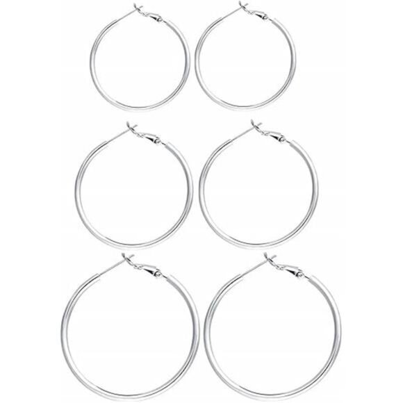 3 Pairs Sterling Silver Hoop Earrings - 14k White Gold Plated Hoop Earrings - Picture 6 of 6
